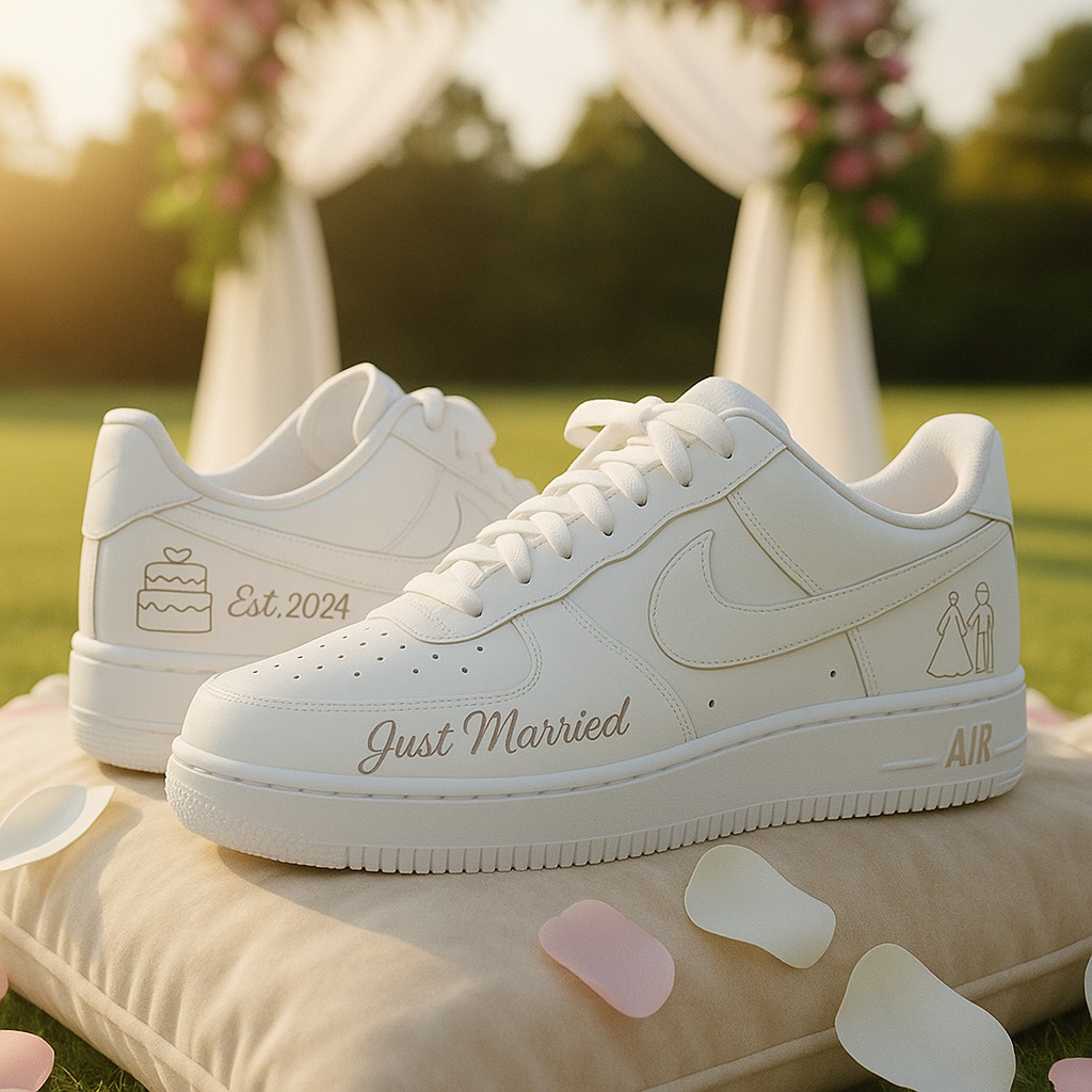 Custom Air Force 1 “Just Married” Wedding Shoes – Elegant All-White ...